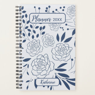 Blue Floral Monochrome Name And Year Planer