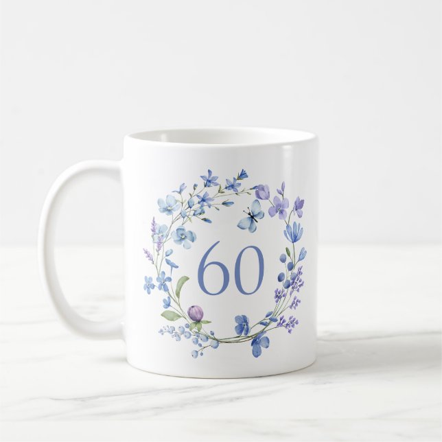 Blue Floral Monogram 60. Geburtstag Kaffeetasse (Links)