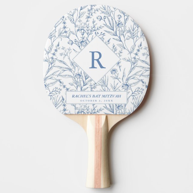 Blue Floral Monogram Bat Mitzvah Ping Pong Paddle Tischtennis Schläger (Vorderseite)