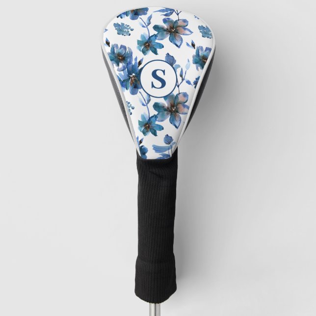 Blue Floral Monogram Golf Headcover (Vorderseite)