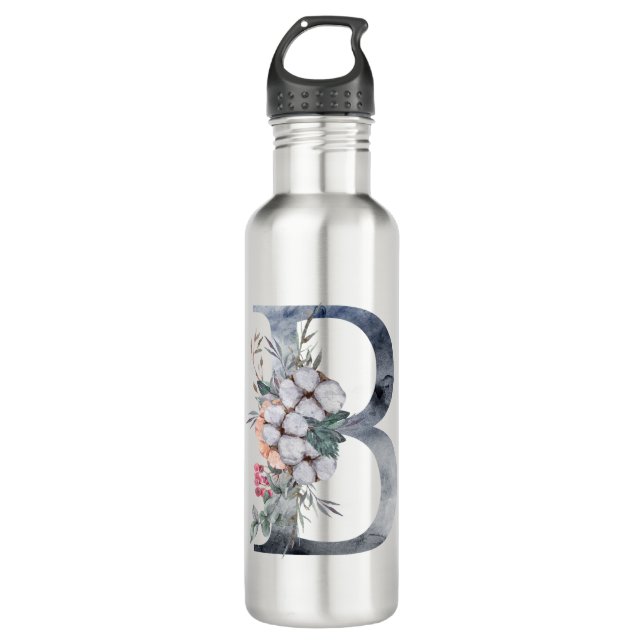 Blue Floral Monogram Initial B Edelstahlflasche (Vorderseite)