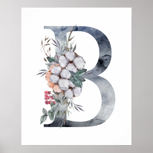Blue Floral Monogram Initial B Poster (Vorne)