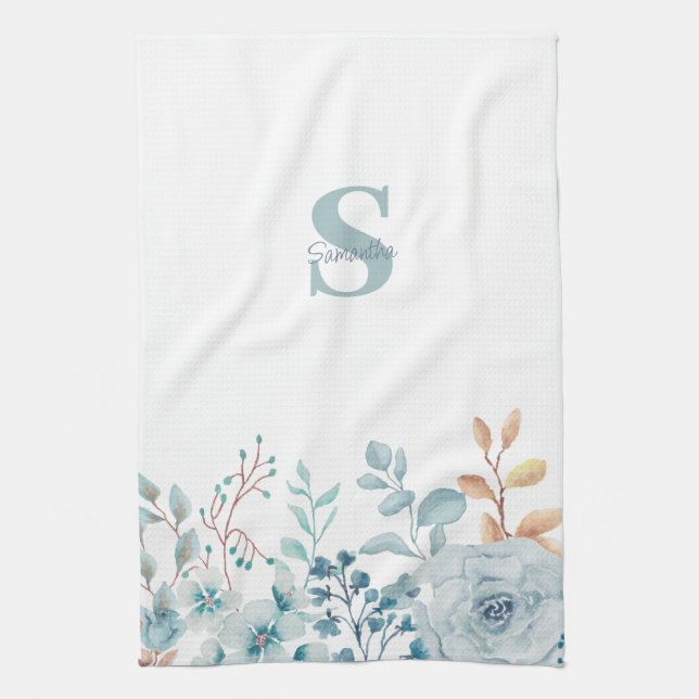 Blue Floral Monogram Name Kitchen Handtücher (Vertikal)