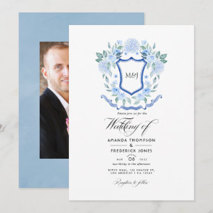 Blue Floral Monogram Wappen Wedding Foto Einladung
