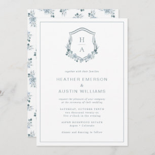 Blue Floral Monogram Wedding Einladung