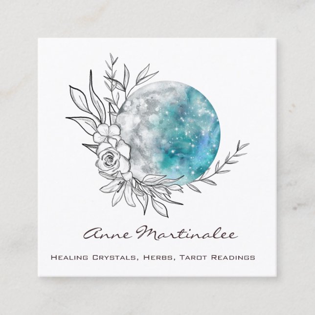 Blue Floral Moon Square Business Card Quadratische Visitenkarte (Vorderseite)