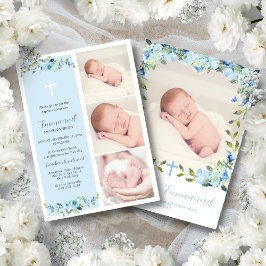 Blue Floral Multiphoto Taufe für Jungen Einladung