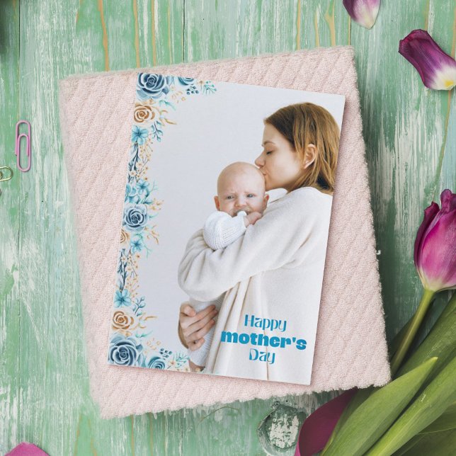 Blue floral Mutter Foto Holiday Card Dankeskarte (Von Creator hochgeladen)