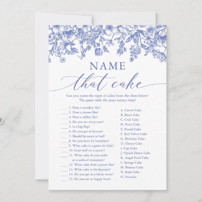 Blue Floral Name that Cake Brautparty Game Einladung (Vorderseite)