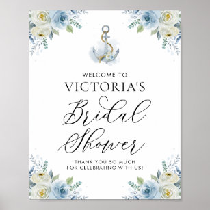 Blue Floral Nautic Brautparty Willkommen Poster