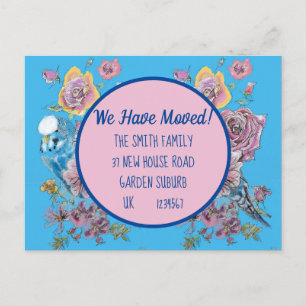 Blue Floral New Address Postcard, wir ziehen Postkarte