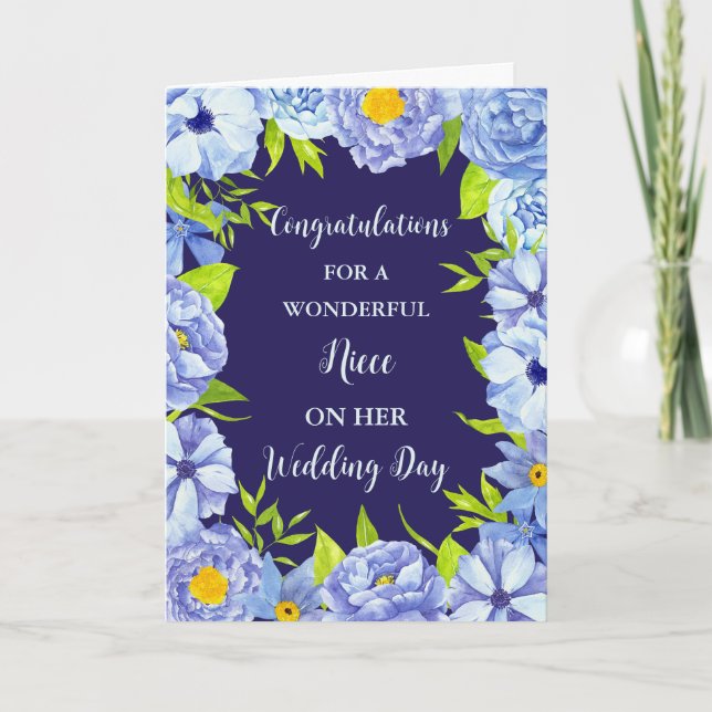 Blue Floral Niece Hochzeitstag Glückwunsch Karte (Vorderseite)