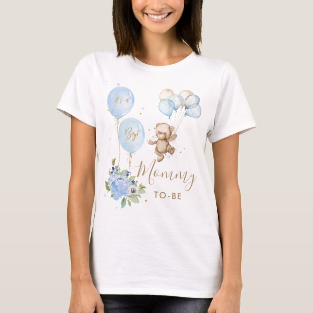 Blue Floral Niedlich Bear Boy Baby Shower Mommy zu T-Shirt (Vorderseite)