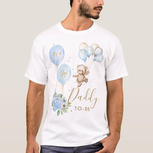 Blue Floral Niedlich Bear Boy Baby Shower Papa zu  T-Shirt (Vorderseite)