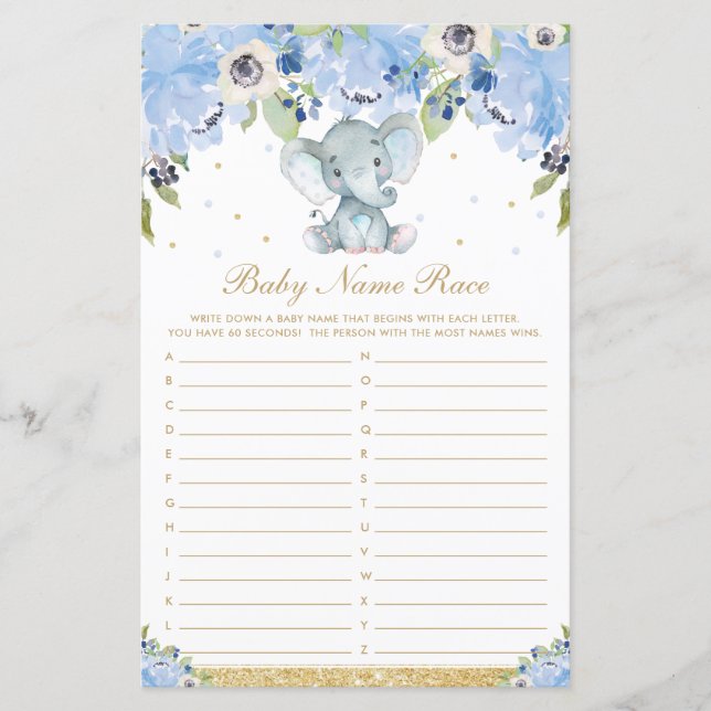 Blue Floral Niedlich Elephant Baby Name Race Game (Vorderseite)