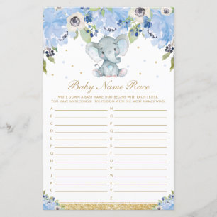 Blue Floral Niedlich Elephant Baby Name Race Game