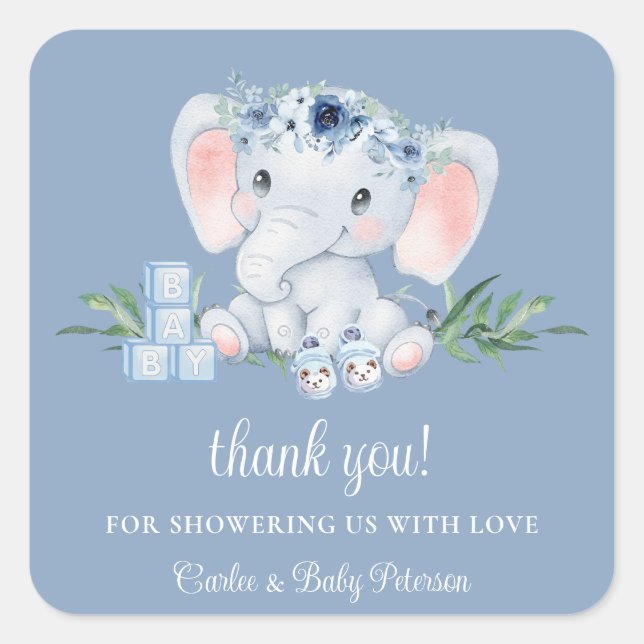 Blue Floral Niedlich Elephant Boy Babydusche Aufkl Quadratischer Aufkleber (Vorderseite)