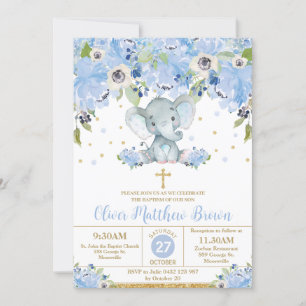 Blue Floral Niedlich Elephant Taufe Christening Einladung
