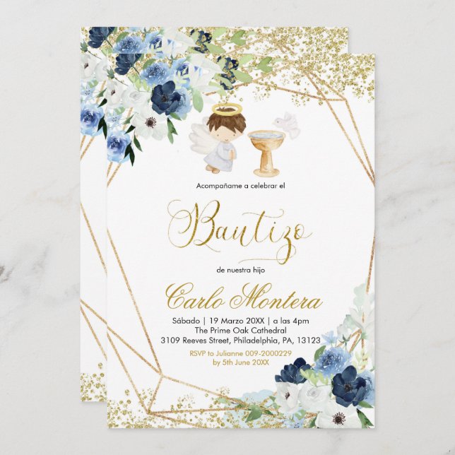 Blue Floral Niñ o Bautizo Einladung (Vorne/Hinten)