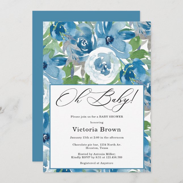 Blue Floral Oh Baby Shower Invitation Einladung (Vorne/Hinten)