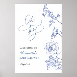 Blue Floral Oh Boy Baby Dusche Willkommen Poster