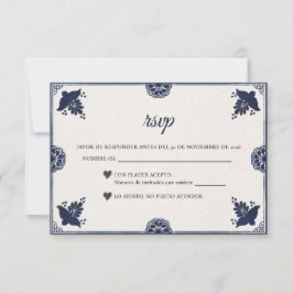 Blue Floral Otomi Simple Fiesta Spanish Wedding RSVP Karte