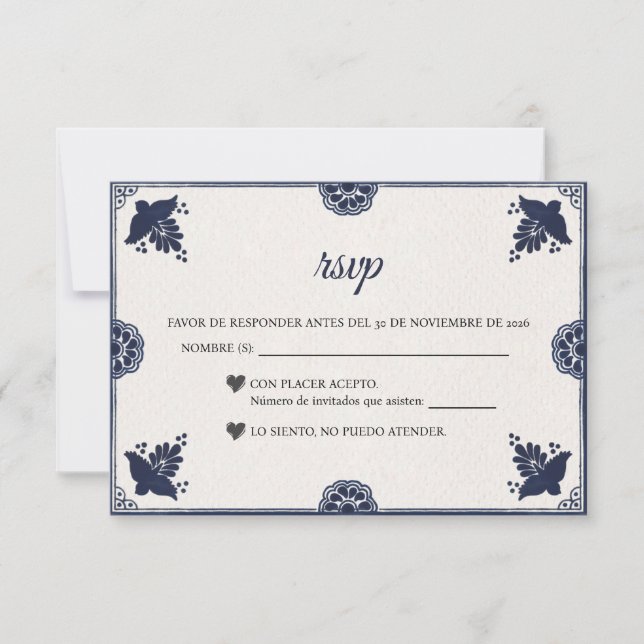 Blue Floral Otomi Simple Fiesta Spanish Wedding RSVP Karte (Vorderseite)