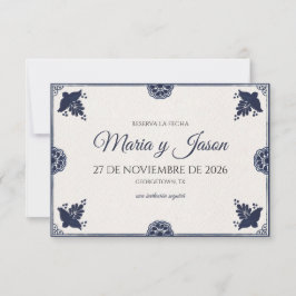 Blue Floral Otomi Simple Fiesta Spanish Wedding Save The Date