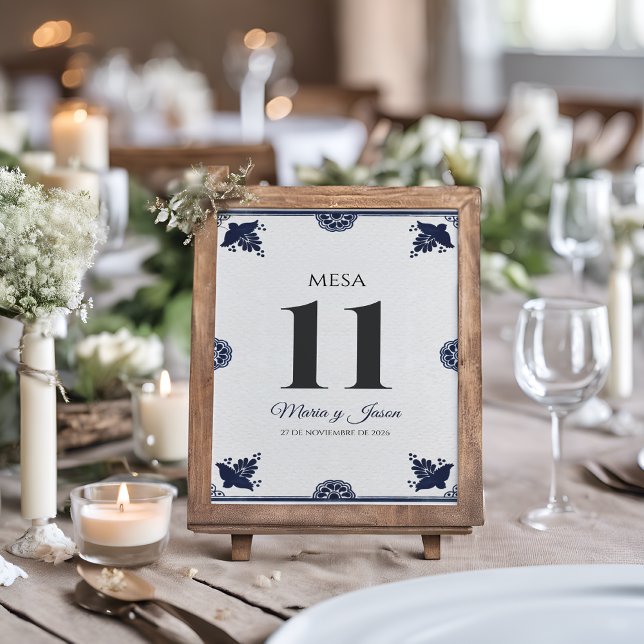Blue Floral Otomi Simple Fiesta Spanish Wedding Tischnummer (Blue Floral Otomi Simple Fiesta Spanish Wedding Table Number)