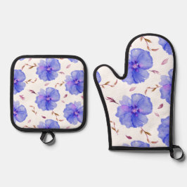 Blue Floral Oven Mitt & Pot Holder - Geschenk für  Ofenhandschuh & Topflappen-Set
