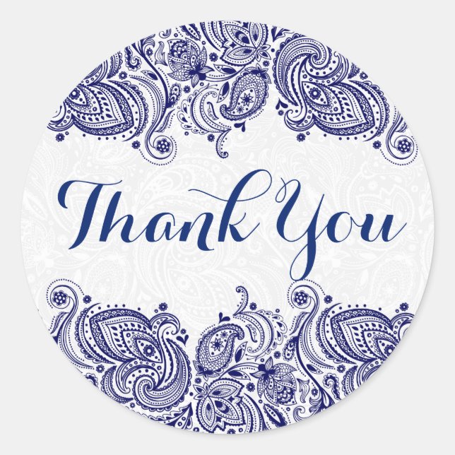 Blue Floral Paisley Weißer Hintergrund Runder Aufkleber (Vorderseite)