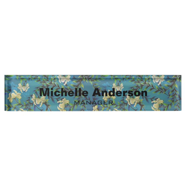 Blue Floral Pattern Beruflicher Manager Moderne Namensplakette (Vorderseite)