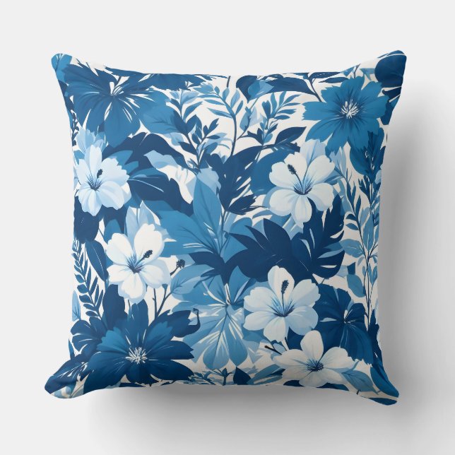 Blue Floral Pattern Decorative Throw Pillow Kissen (Vorderseite)