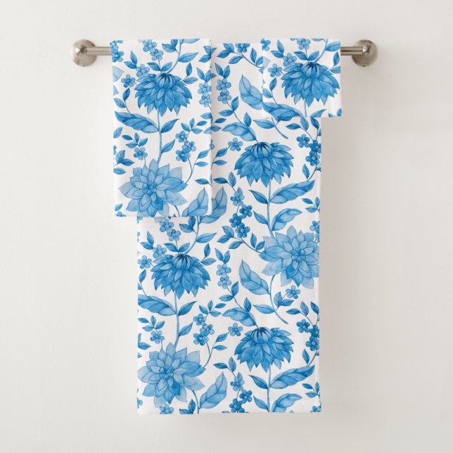 Blue floral pattern towels on display badhandtuch set (Insitu)