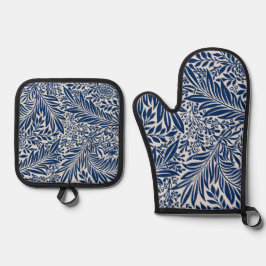 blue floral pattern with diverse leaves & blossoms ofenhandschuh & Topflappen-Set