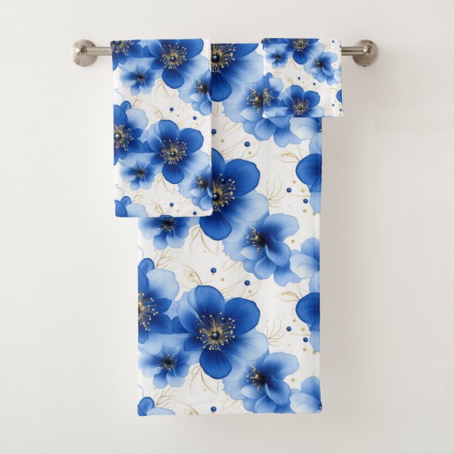 Blue Floral Pattern with Gold Accents Badhandtuch Set (Insitu)