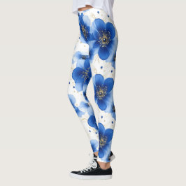 Blue Floral Pattern with Gold Accents Leggings
