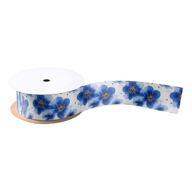 Blue Floral Pattern with Gold Accents Satinband (Spule)