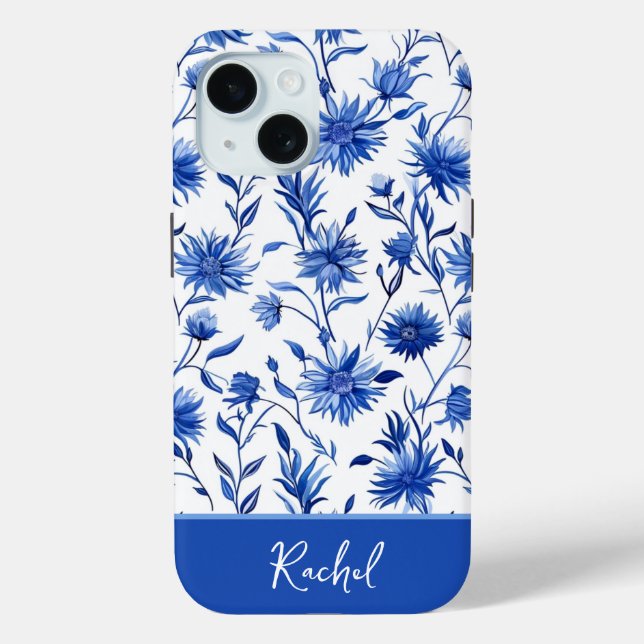 Blue Floral Personalisiert iPhone Case (Rückseite)