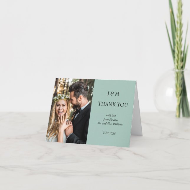 Blue Floral Photo Wedding Thank You Dankeskarte (Vorderseite)