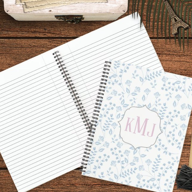 Blue Floral Pink Monogram Custom Notizbuch (Von Creator hochgeladen)