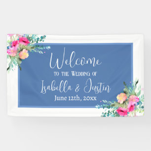 Blue Floral Pink Rosenknospe Wedding Personalisier Banner