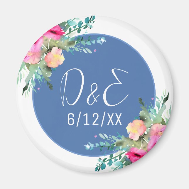 Blue Floral Pink Rosenknospe Wedding Personalisier Magnet (Vorne)