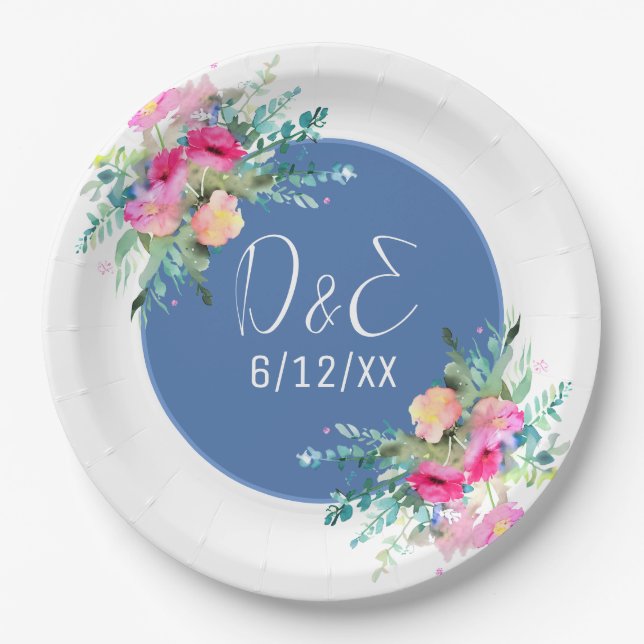 Blue Floral Pink Rosenknospe Wedding Personalisier Pappteller (Vorderseite)