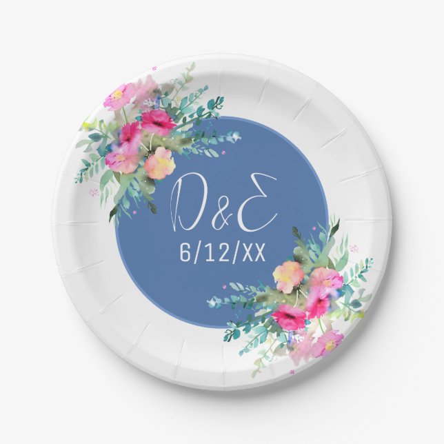 Blue Floral Pink Rosenknospe Wedding Personalisier Pappteller (Vorderseite)