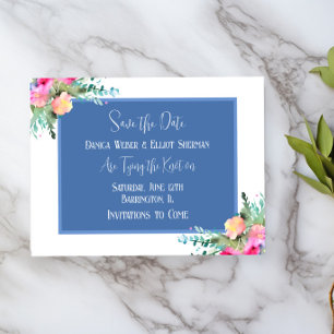 Blue Floral Pink Rosenknospe Wedding Save the Date Einladung