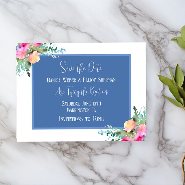 Blue Floral Pink Rosenknospe Wedding Save the Date Einladung (Von Creator hochgeladen)
