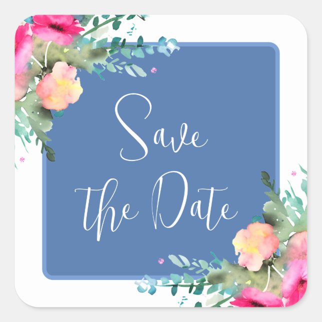 Blue Floral Pink Rosenknospe Wedding Save the Date Quadratischer Aufkleber (Vorderseite)