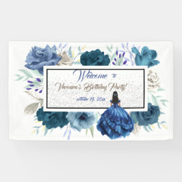 Blue Floral Princess Girl Birthday Party Banner