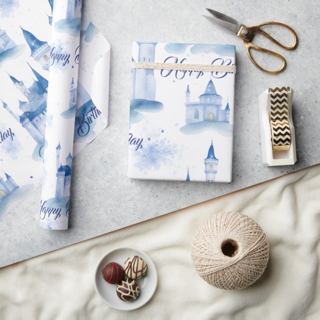 Blue Floral Princess Girl Birthday Party Geschenkpapier (Kunsthandwerk)